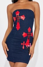 Strapless Denim Stretch Dress Blue Red Women Size Medium Casual Club Party NWT