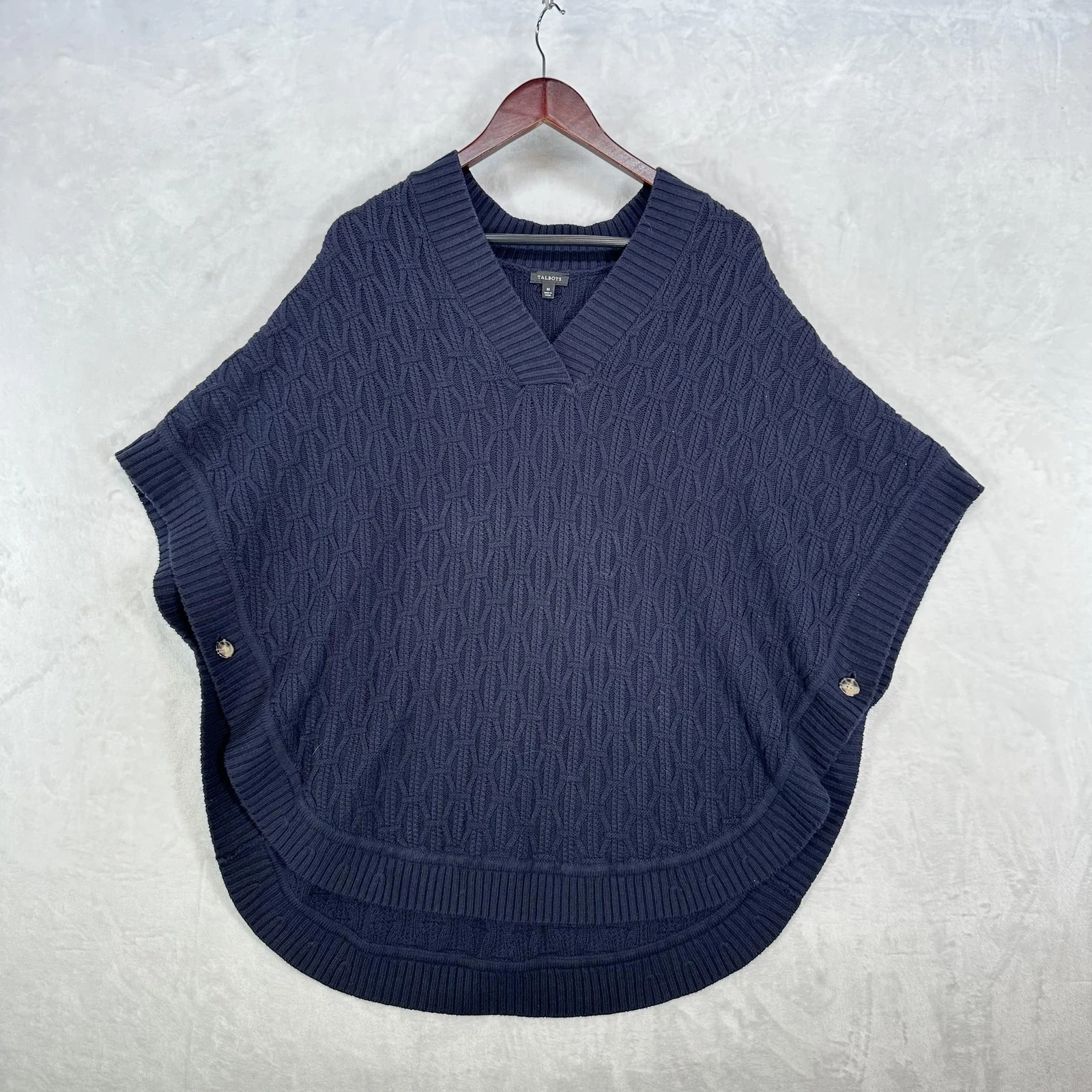 Talbots Sweater Poncho Womens Medium Navy Blue Textured Knit Side Button Cape