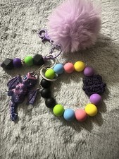 Purple Dragon Character Keychain Beads Pom Pom Detachable Keyring