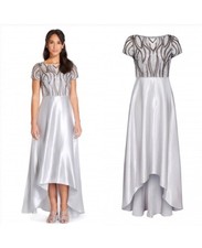 NWT Adrianna Papell Silver Sequin Satin High Low Mother of the Bride Gown 10