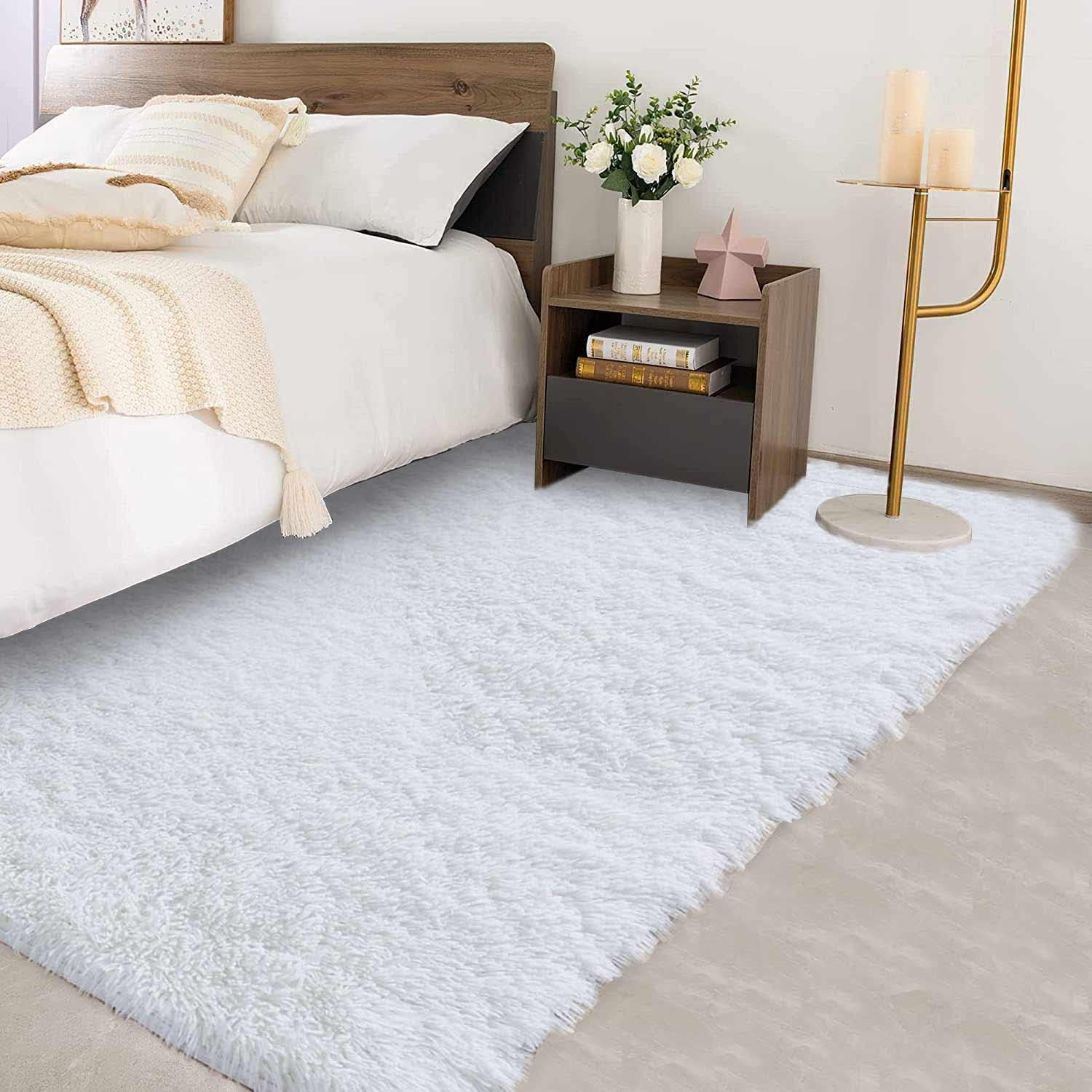 Tapis shaggy blanc 185x185 cm moelleux et tapis de salon antidérapant carré