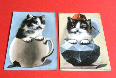 ZWEI ORIGINAL SIGNIERTE ANTHROPOMORPHE KATZENPOSTKARTEN.