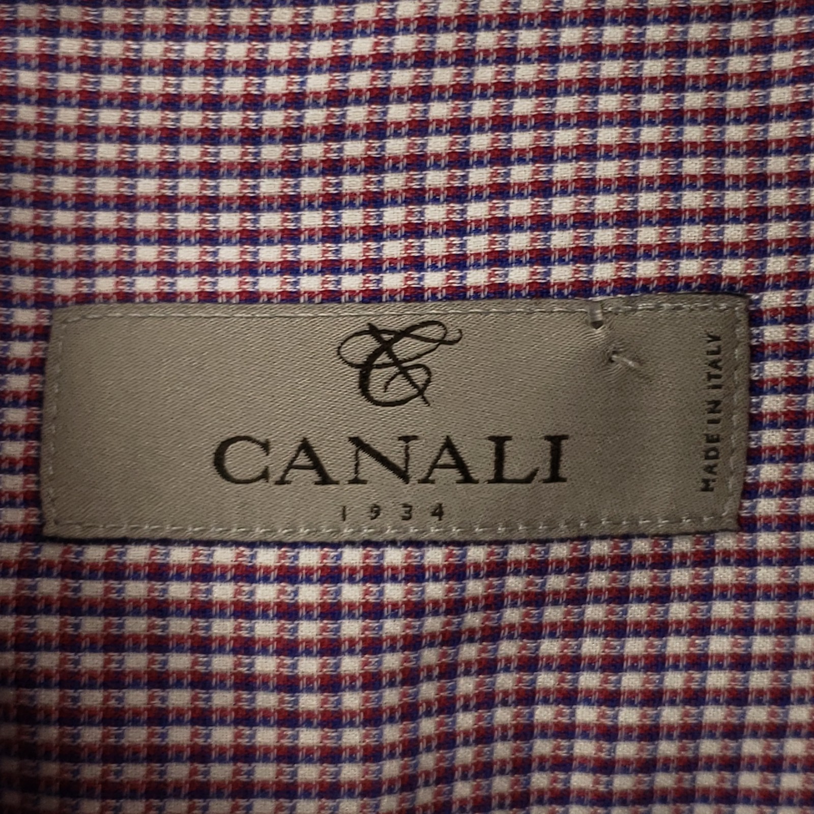 Canali 1934 Dress Shirt Men's Size 18 Red Blue Micro Plaid Spread Collar Italy