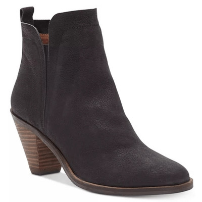 Lucky Brand Jana Black Nubuck Leather Ankle Booties Stacked Heel Womens 7.5