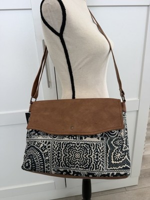 Mona B Shoulder Bag Geometric Pattern Brown Black Ivory Adjustable Strap Zipper
