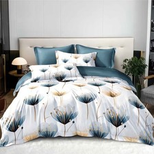 3 Pieces Glod Blue Flowers Duvet Cover Set Soft Elegant Bedding Set