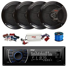 Pyle BT Marine Stereo Receiver, BT Amp w/Kit, 4X 6.5" 150W Black Speakers,Wire