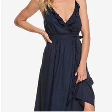 New Roxy Dress Womens Sz S Navy Rooftop Sunrise Embroidered Ruffle Wrap Midi