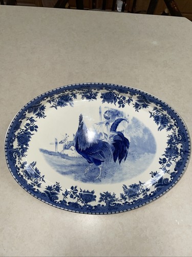 Willam James Farm Yard 16" Oval Serving Platter Blue Rooster Flowers EUC