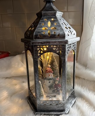 CHRISTMAS Silver LANTERN SNOWMAN SCENE CHILD & TREE Rotating Light Lights Up