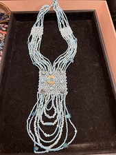Handmade Multi Strand Beaded Necklace Aqua Blue Boho Tribal Statement Jewelry