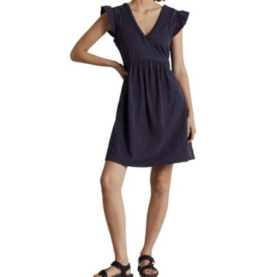 NWT Boden Women's Empire Detail Embroidered Ruffle Jersey Dress in Navy (6)  | eBay