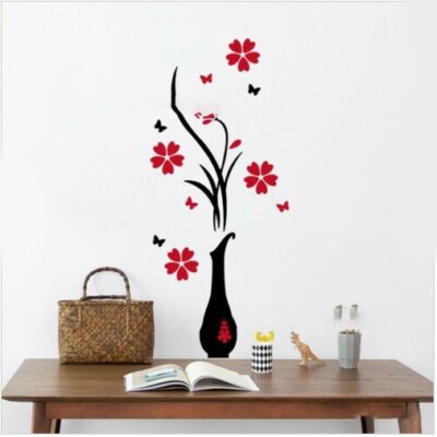 3D Red Arcylic Flower Wall Art Stickers Wall Décor DIY Living Room Bedroom Mural