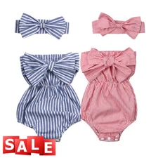 Newborn Baby Girl Romper Bow Striped Jumpsuit Bodysuit+Headband Outfit Clothes
