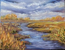 ORIGINAL OIL impasto Painting Autumn Fall  River LANDSCAPE 10"x 8" by Olga Diduh