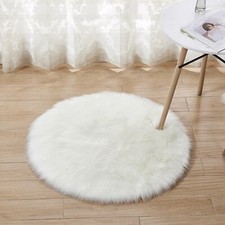 White Round Rug Faux Sheepskin Fur Fluffy Circle Rugs for Bedroom Living Room
