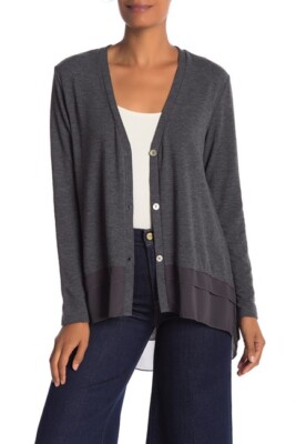$458 Papillon Women'S Gray Mixed-Media High-Low Cardigan Sweater M