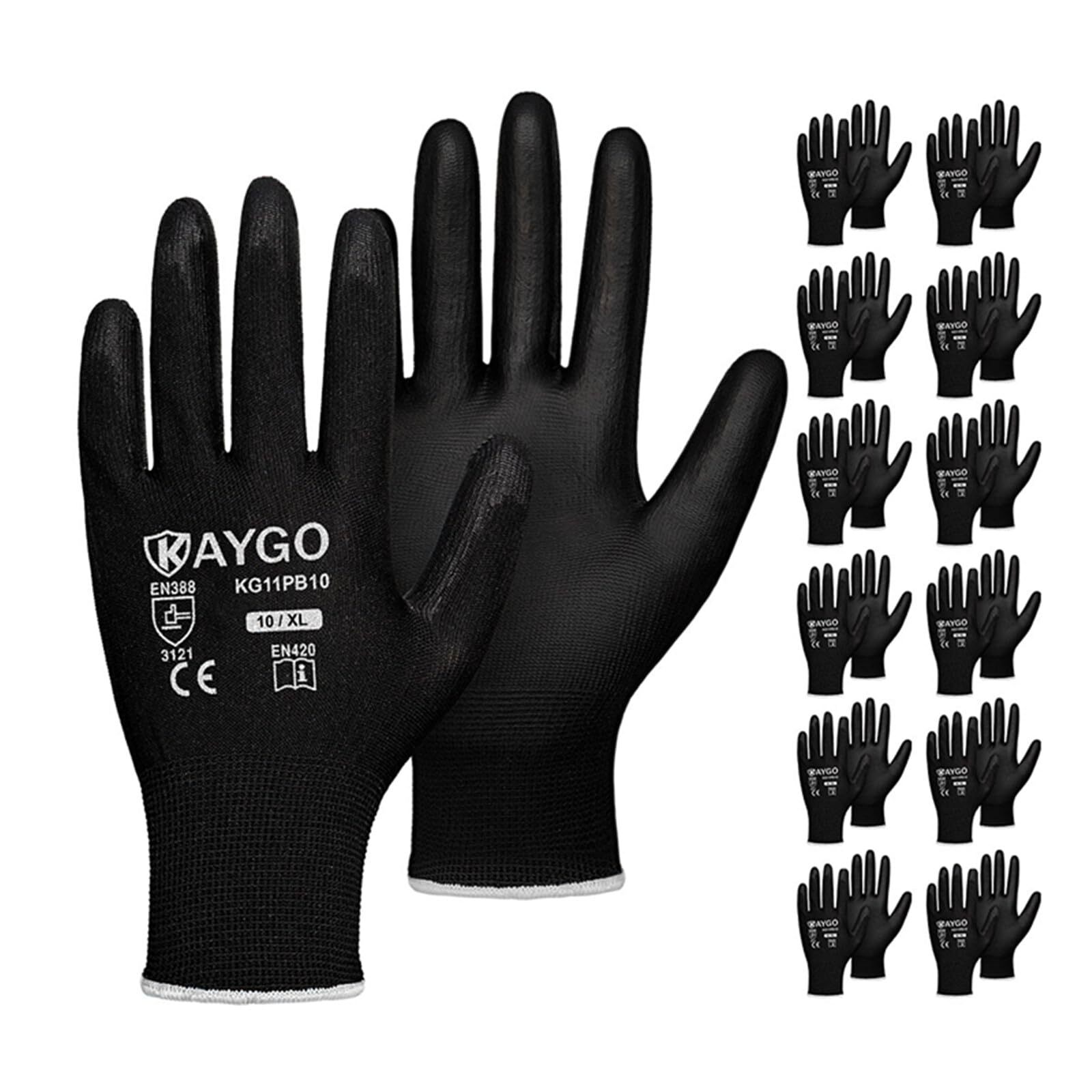 PU Coated Safety Work Gloves - 12 Pairs KG11PB Seamless Knit for Men