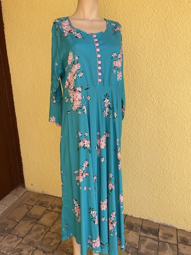 Pretty Long Turquoise And Pink Floral Print Dress/pink Covered Buttons Size xxl - Picture 7 of 16