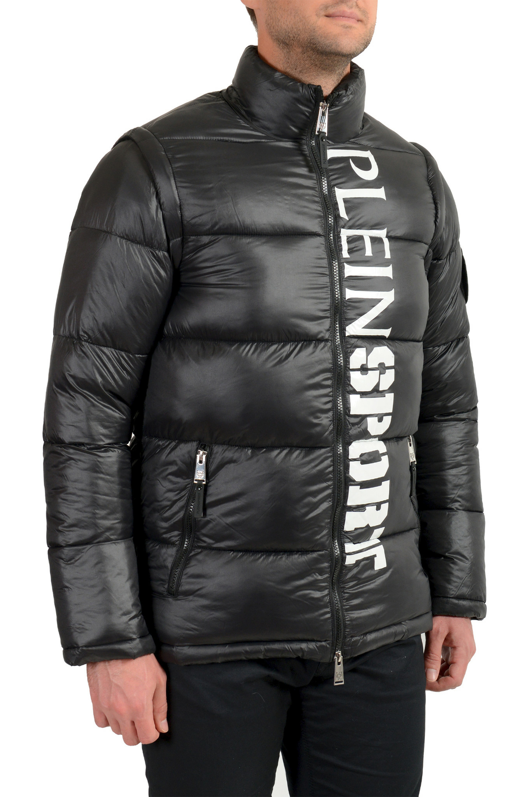 Plein Sport Men's Black Logo Print Zip Up Parka Vest With Detachable Sleeves