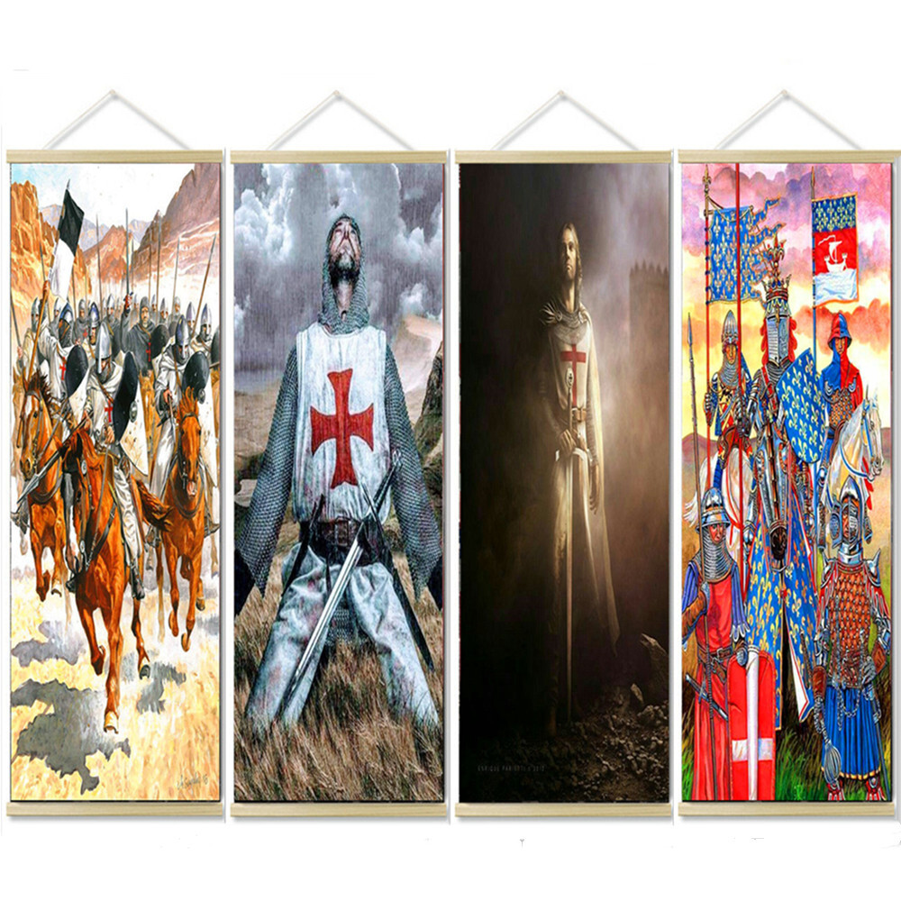 4PCS Crusader Wall Art Poster Vintage Knights Templar Solid Wood Scroll Painting