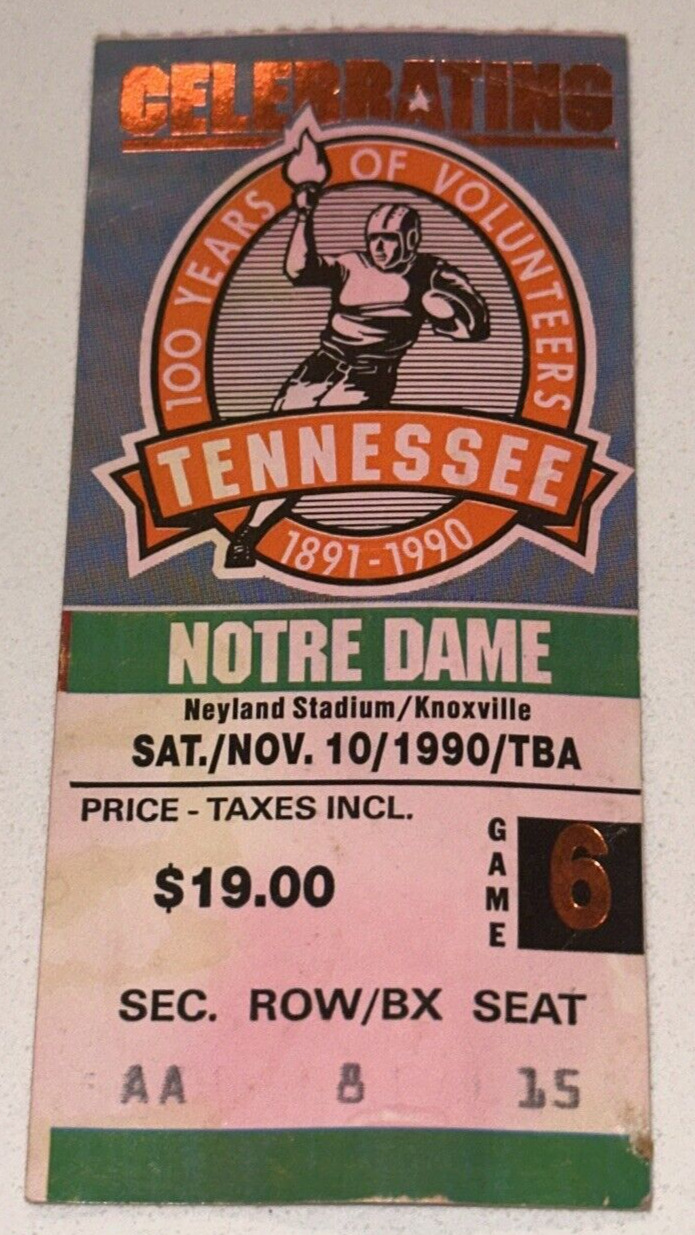 11/10/90 Tennessee Notre Dame College Football Ticket Stub Carl Pickens Record