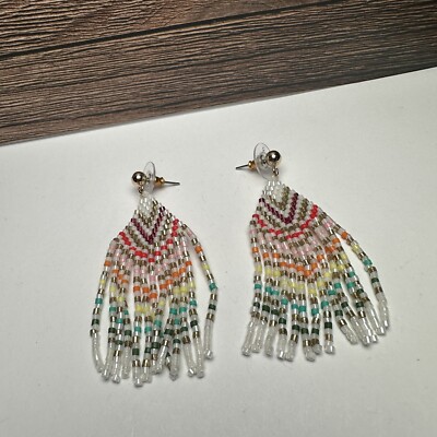 LOFT multi Color Bead Beaded Fringe Dangle Drop Pierced Earrings