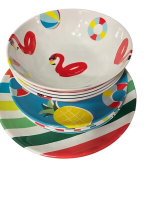 Lot Of 11 Zac Designs Melamine Dinnerware Flamingo Summer Fruit Stripes