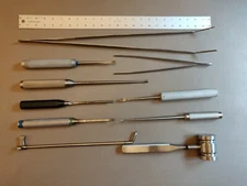 Large Collection Of Surgical Tools, Micrins Mallet, 24" Tweezers, AcroMed - Used