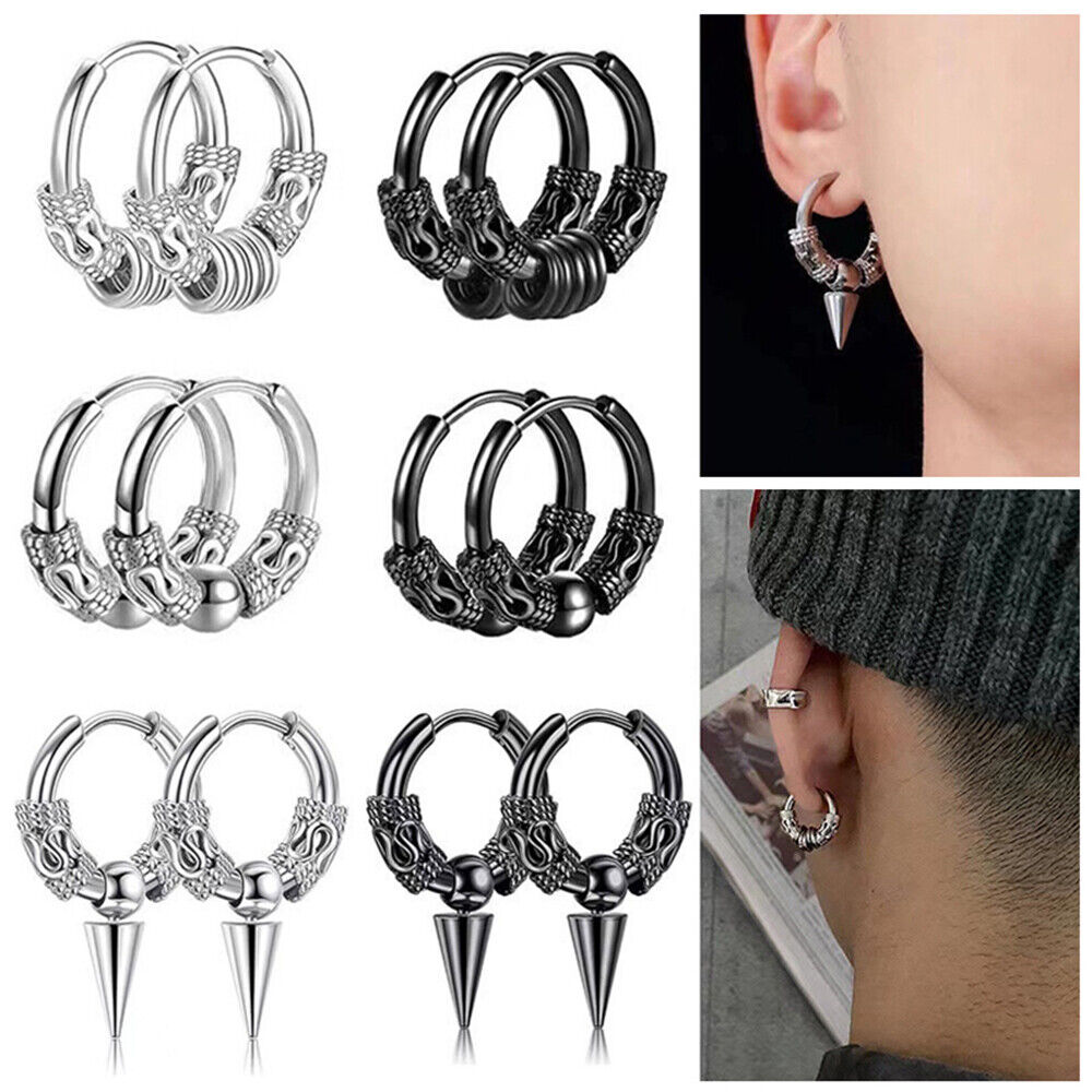 Punk Chain Earrings Men Women Boys Stainless Steel Ear Stud Hoop
