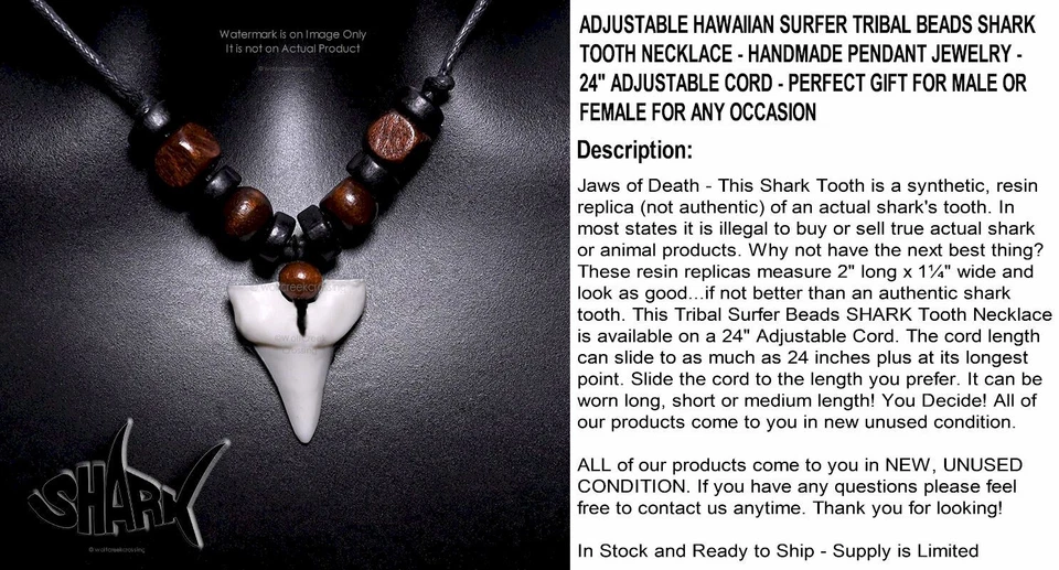 ОЖЕРЕЛЬЕ С ЗУБАМИ ПЛЕМЕННОЙ АКУЛЫ 2 дюйма МЕГАЛОДОН Ископаемые Челюсти Большая Белая Реплика Мако - Изображение 4 из 4