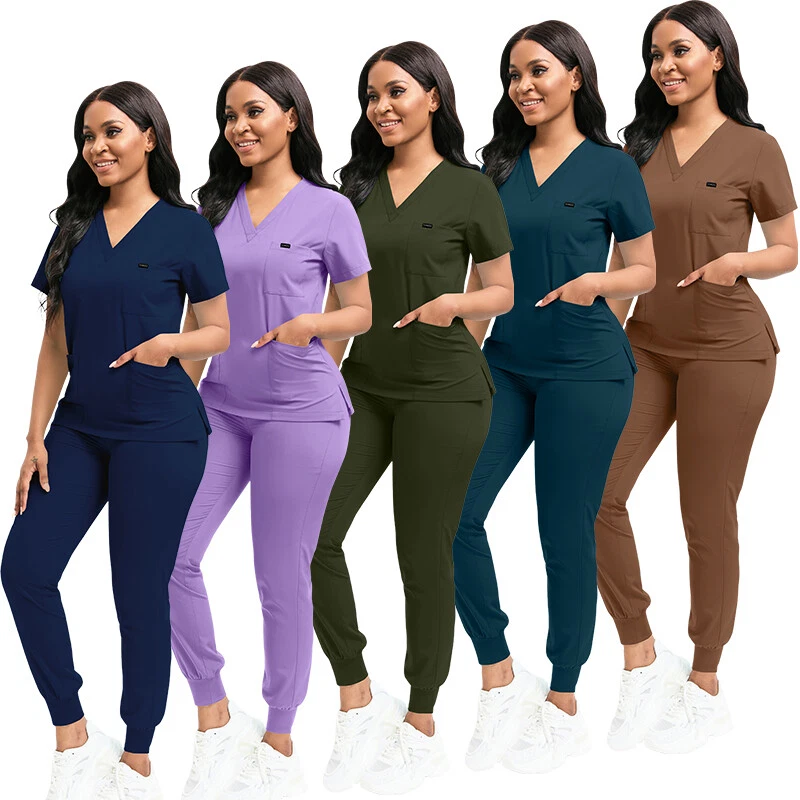 2Pcs/Set Stretch Medical Uniform Women Scrub Sets Men V-Neck Tops & Jogger Pants