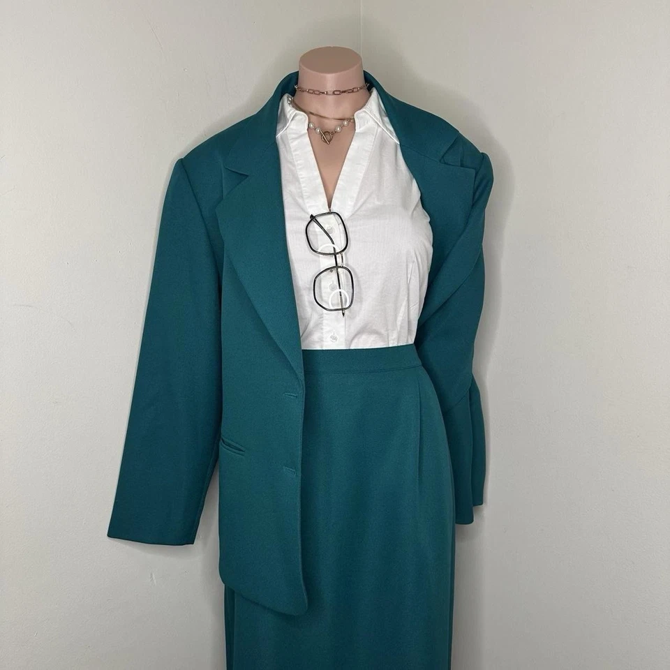 Traje Falda de Trabajo Vintage Azul Verde Talla Grande Talla 16W Foto 4 de 4