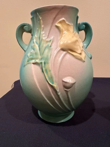 Roseville Vintage Poppy Vase 872-9 in Green and Yellow