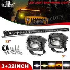 32" LED Light Bar Dual color Spot Flood +3" Work yellow & white Truck SUV ATV