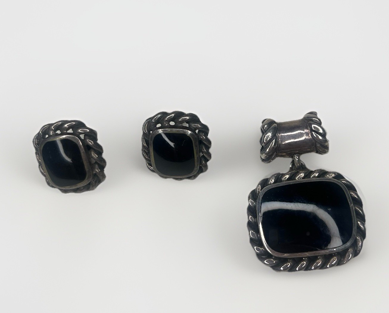 Sterling Silver 925 Onyx Rectangular Earrings & P… - image 1