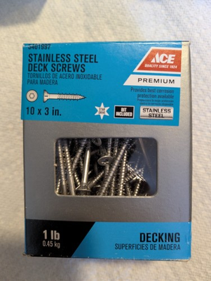 #ad 3x ACE Hardware 5401997 #10 x 3 SS Decking Screws T 25 1#box X 3 $25.00