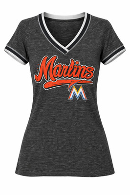 5th & Ocean Damen Miami Marlins V-Ausschnitt T-Shirt Tri-Blend Strass Schwarz S