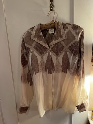 Vintage Escada Cream & Beige Silk Tassel Print Blouse Size 38