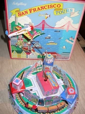 Vintage Schylling Tin Toy Train Plane San Francisco Tour Musical Windup w/COA