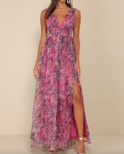Lulu's Garden Romance Magenta Floral Print Organza Maxi Dress - Size M - New