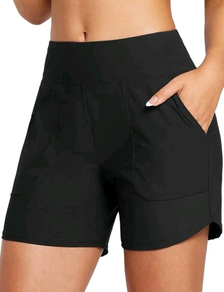 Baleaf L Women’s Swim Board Shorts 5" High Waisted Tummy Control Black UPF 50+