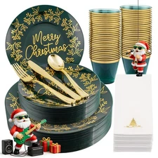 175Pcs Green Gold Christmas Plastic Place Setting, Includes Plates, Cutlery, ...
