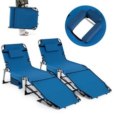 2PCS Tanning Chair w/Face Arm Holes, 4-Level Backrest & Head Pillow, Side Pocket