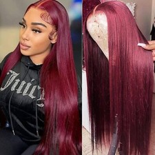 Glueless Long Straight Lace Frontal Wigs Wine Red Color Soft As Human Hair Women