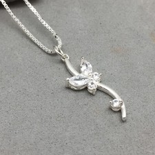 IBB 925 Butterfly CZ Pendant Sterling Silver 18" Box Chain Dainty Swirl 1.25"