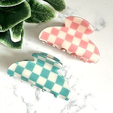 Teal Pink Checkerboard Claw Clips Hair Accessory Acrylic Checker Gift Boho NEW