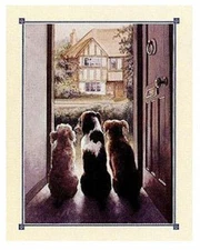 Three Dogs Eagerly Waiting at Open Front Door for their Owners. Dog Lovers Art