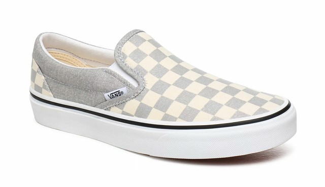 silver and white checkered vans