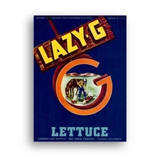 Vintage 1940s American Vegetables Crate Label Lazy - G Brand cowboy FREE UK P&P